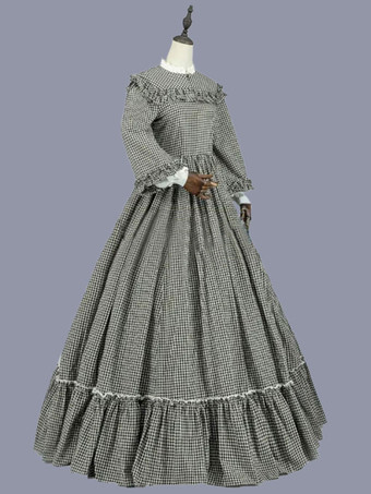 ブラック レトロ コスチューム フリル マリー アントワネット コスチューム ポリエステル チェック柄ドレス 女性用 レトロ チュニック 仮面舞踏会 夜会服