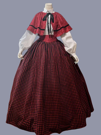 赤のレトロな衣装女性のチェック柄フリル ポリエステル マリー ・ アントワ ネット衣装チュニック ドレス マント レトロ パーティー ウエディング ドレス
