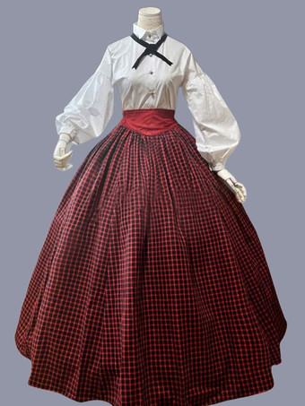 赤のレトロな衣装女性のチェック柄フリル ポリエステル マリー ・ アントワ ネット衣装チュニック ドレス マント レトロ パーティー ウエディング ドレス バーガンディ