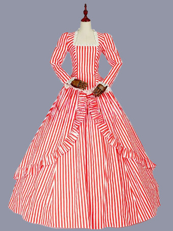 赤のレトロな衣装フリル ポリエステル マリー ・ アントワネット衣装ストライプ ドレス女性のレトロなチュニック パーティー ウエディング ドレス