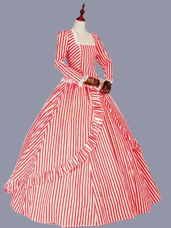 赤のレトロな衣装フリル ポリエステル マリー ・ アントワネット衣装ストライプ ドレス女性のレトロなチュニック パーティー ウエディング ドレス