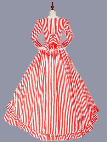 赤のレトロな衣装フリル ポリエステル マリー ・ アントワネット衣装ストライプ ドレス女性のレトロなチュニック パーティー ウエディング ドレス