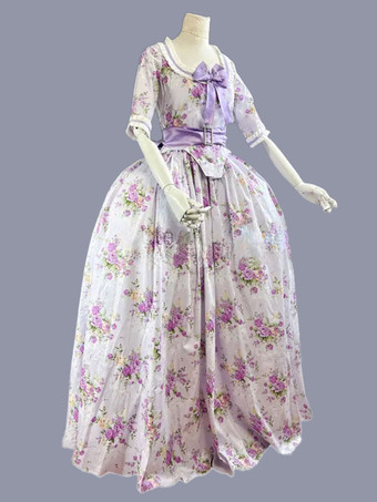 紫色のレトロな衣装弓ポリエステル花柄ドレス女性のレトロなマリー ・ アントワ ネット衣装チュニック パーティー ウエディング ドレス