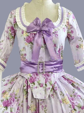紫色のレトロな衣装弓ポリエステル花柄ドレス女性のレトロなマリー ・ アントワ ネット衣装チュニック パーティー ウエディング ドレス
