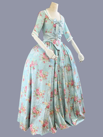 グリーン レトロ コスチューム 女性用 花柄 フリル 弓 ポリエステル チュニック ドレス マリー アントワネット コスチューム レトロ パーティー ウエディングドレス