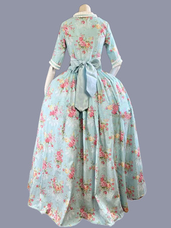 グリーン レトロ コスチューム 女性用 花柄 フリル 弓 ポリエステル チュニック ドレス マリー アントワネット コスチューム レトロ パーティー ウエディングドレス