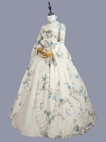 ホワイト レトロ コスチューム 弓 ポリエステル 花柄 マリー アントワネット コスチューム ドレス 女性用 レトロ チュニック 仮面舞踏会 夜会服