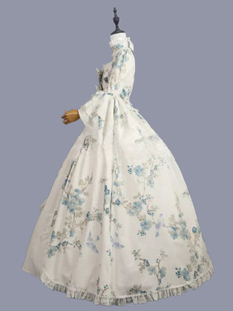 ホワイト レトロ コスチューム 弓 ポリエステル 花柄 マリー アントワネット コスチューム ドレス 女性用 レトロ チュニック 仮面舞踏会 夜会服