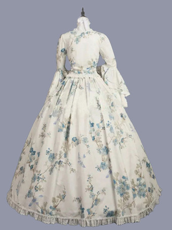 ホワイト レトロ コスチューム 弓 ポリエステル 花柄 マリー アントワネット コスチューム ドレス 女性用 レトロ チュニック 仮面舞踏会 夜会服