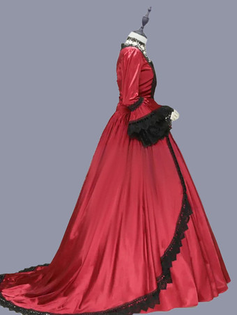 赤のレトロな衣装女性のマリー ・ アントワ ネット衣装レース フリル ポリエステル チュニック ドレス レトロ パーティー ウエディング ドレス バーガンディ