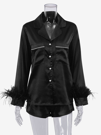 ブラック ホームウェア 2枚組 ターンダウンカラー 長袖 シルク調 カジュアル 部屋着