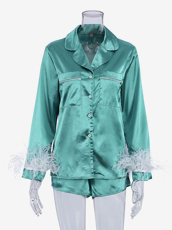 グリーン ホームウェア 2枚組 ターンダウンカラー 長袖 シルク調 カジュアル 部屋着