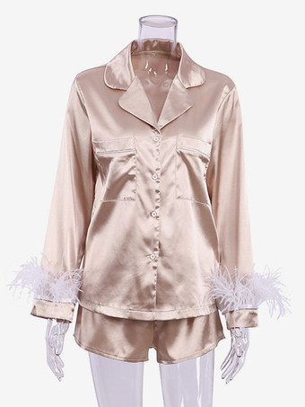 カーキ ホームウェア 2枚組 ターンダウンカラー 長袖 シルク調 カジュアル 部屋着