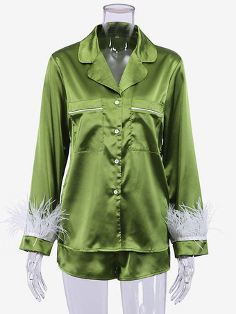 オリーブカラーホームウェア 2枚組 ターンダウンカラー 長袖 シルク調 カジュアル 部屋着