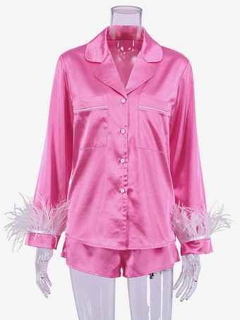 ローズレッドホームウェア 2枚組 ターンダウンカラー 長袖 シルク調 カジュアル 部屋着