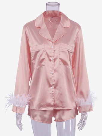 ピンクホームウェア 2枚組 ターンダウンカラー 長袖 シルク調 カジュアル 部屋着