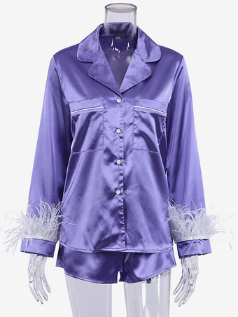 パープル ホームウェア 2枚組 ターンダウンカラー 長袖 シルク調 カジュアル 部屋着