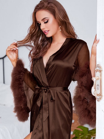 MarrónBatas Túnicas Plumas moradas Lencería similar a la seda