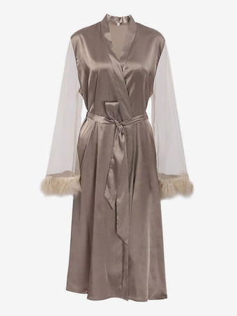 caqui Batas Túnicas Plumas moradas Lencería similar a la seda