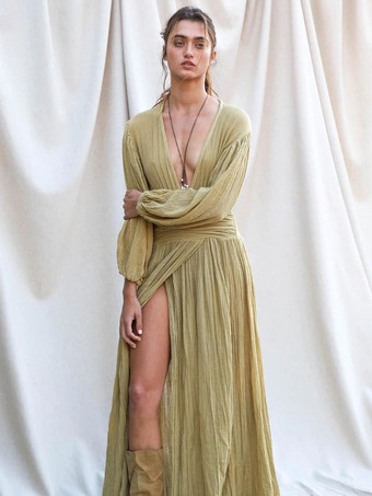 Green Maxi Dress V-Neck Long Sleeves High-slit Long Dresses