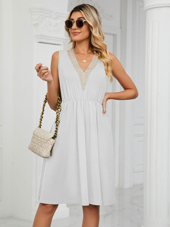 ホワイト サマードレス Vネック ピューター ミディアム ビーチドレス