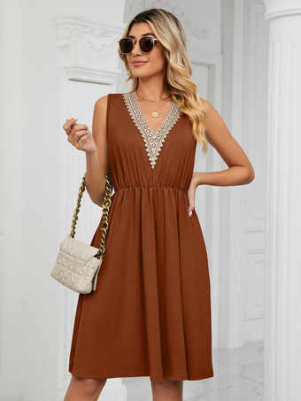 ブラウン サマードレス Vネック ピューター ミディアム ビーチドレス