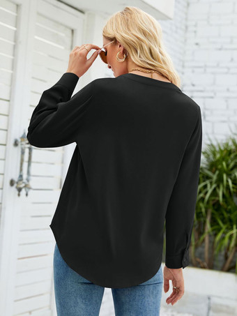 長袖TシャツホワイトシフォンVネックレディースTシャツ