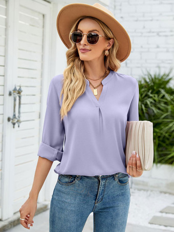 パープル 長袖TシャツホワイトシフォンVネックレディースTシャツ