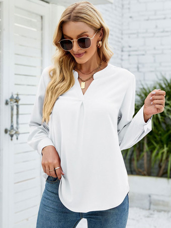 ホワイト 長袖TシャツホワイトシフォンVネックレディースTシャツ