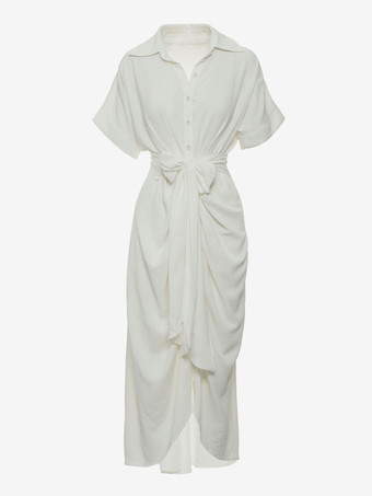 シャツミディドレス ピンク ターンダウンカラー プリーツ ショートスリーブ レイヤードドレス