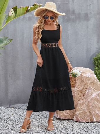 ブラック カットアウト カジュアル スクエアネック ノースリーブ ミディドレス