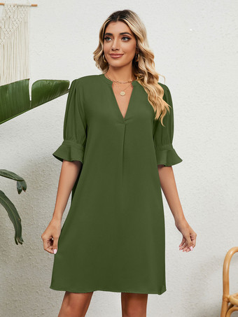 ハンターグリーン シフト ドレス ライト スカイ ブルー V ネック モダンな女性のチュニック ドレス