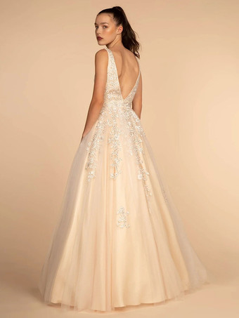 プロムドレスV ネック A ライン ノースリーブ レース ウェディング ゲスト ドレス