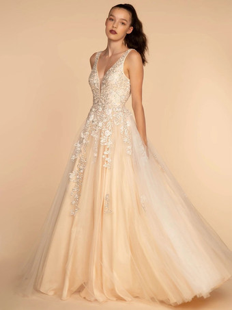 シャンパンプロムドレスV ネック A ライン ノースリーブ レース ウェディング ゲスト ドレス