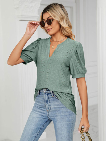 ダークグリーン半袖TシャツブラッシュピンクVネック女性Tシャツ