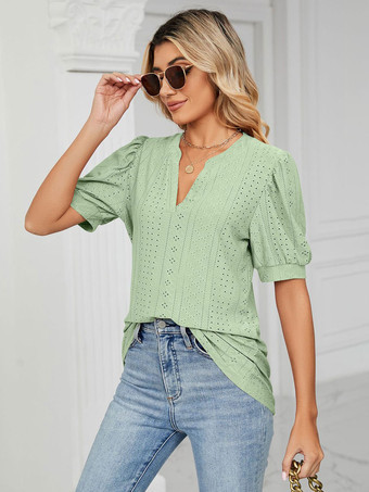 ライトグリーン 半袖TシャツブラッシュピンクVネック女性Tシャツ