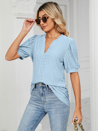 ライトスカイブルー半袖TシャツブラッシュピンクVネック女性Tシャツ