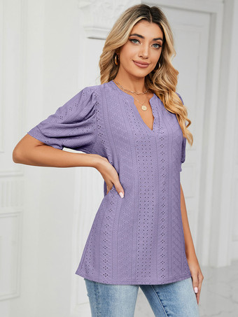 パープル 半袖TシャツブラッシュピンクVネック女性Tシャツ