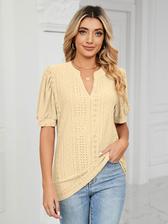 イエロー半袖TシャツブラッシュピンクVネック女性Tシャツ