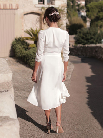 ショート ウェディングドレス ティーレングス Vネック 七分袖 Aライン ブライダルドレス