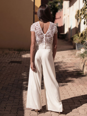 アイボリー ツーピース ウェディングドレス レース ジュエルネック Aライン くるぶし丈 ウェディングドレス 機能ボタン 半袖 ブライダルドレス