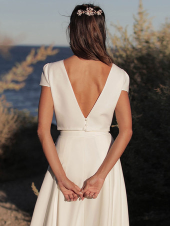 アイボリー ツーピース ウェディングドレス ジュエルネック Aライン ティーレングス バックレス 半袖 ブライダルドレス