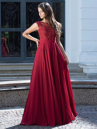 バーガンディーカクテルドレスグラマー A ライン マキシレングス イリュージョンネックライン レース パーティードレス
