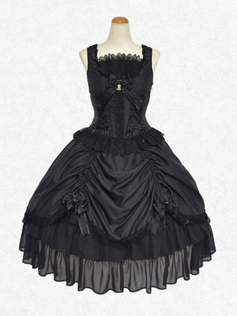 ブラック 古典的なロリータ ドレス ポリエステル ノースリーブ ロリータ ドレス クラシック ブラック