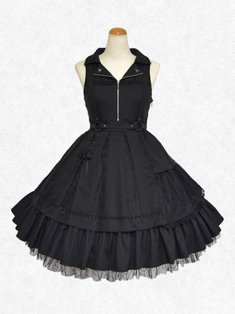 ブラック 古典的なロリータ ドレス ポリエステル ノースリーブ ロリータ ドレス クラシック ブラック