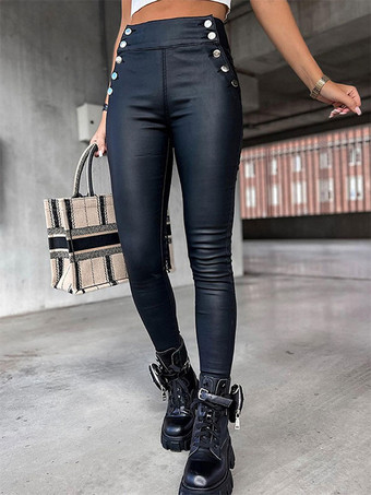 Hosen Schwarze Knöpfe PU-Lederhose mit hoher Taille