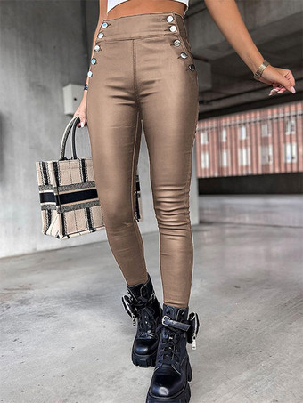 カーキ パンツ ブラック ボタン PUレザー ハイライズ ウエストパンツ