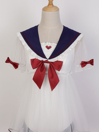 甘ロリータ水着 ホワイト リボン 半袖 ジャンプスーツ