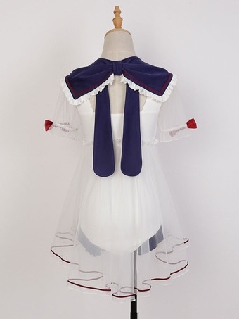 甘ロリータ水着 ホワイト リボン 半袖 ジャンプスーツ