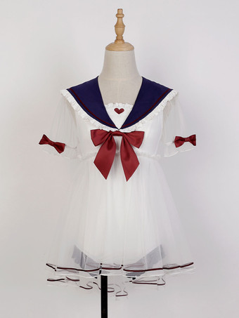 甘ロリータ水着 ホワイト リボン 半袖 ジャンプスーツ